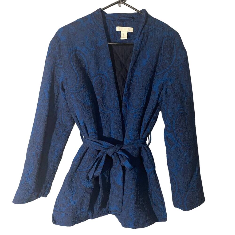 H&M Blue Black Paisley Swirl Print Belted Open Front Blazer Women’s XS